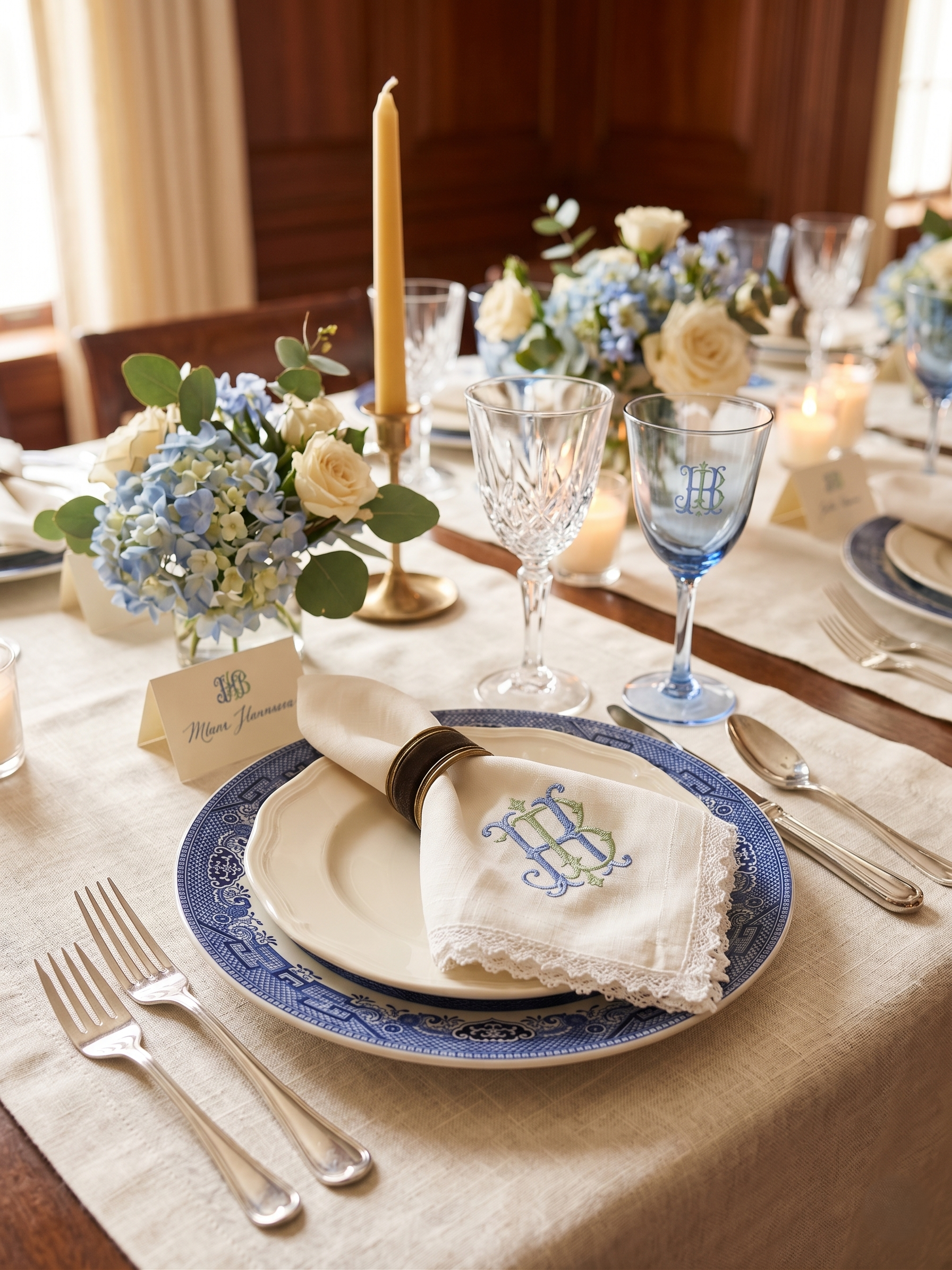 Personalized Embroidered Linen Napkins with Lace Trim – Custom Monogram Wedding & Dinner Napkins