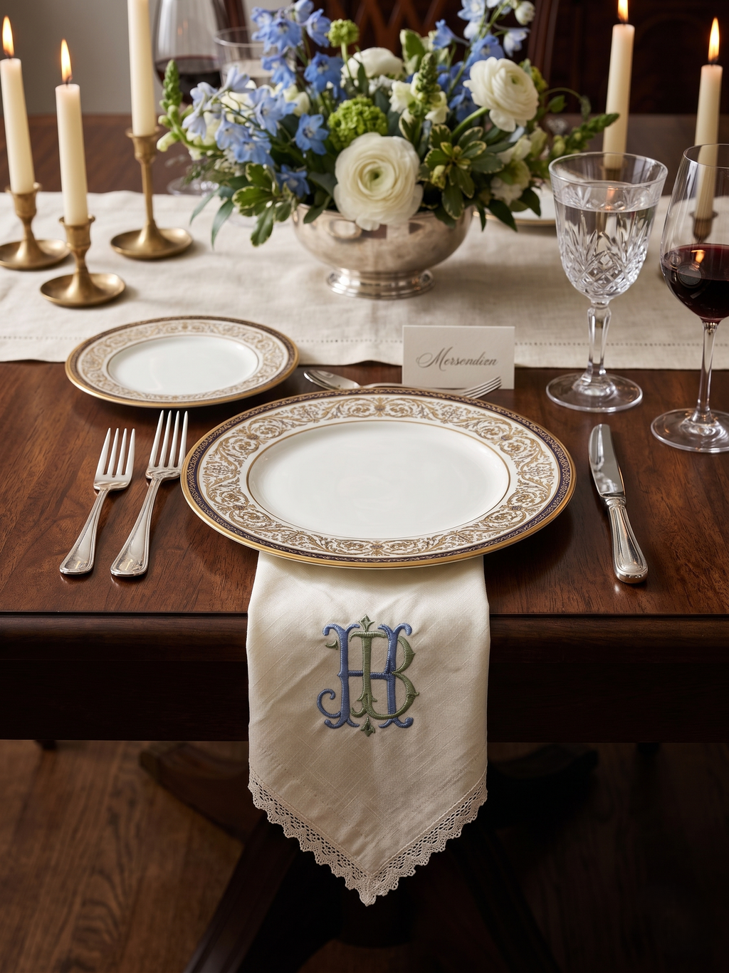 Personalized Embroidered Linen Napkins with Lace Trim – Custom Monogram Wedding & Dinner Napkins