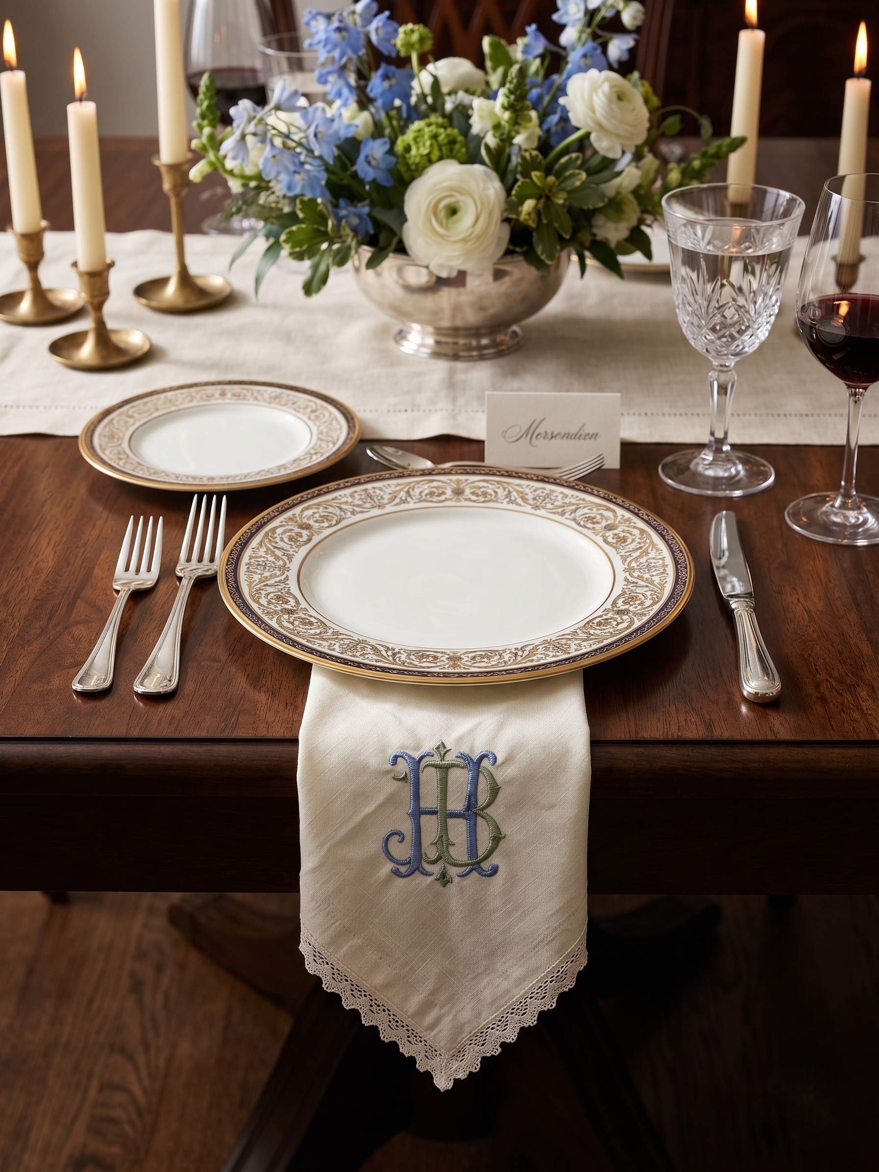 Personalized Embroidered Linen Napkins with Lace Trim – Custom Monogram Wedding & Dinner Napkins