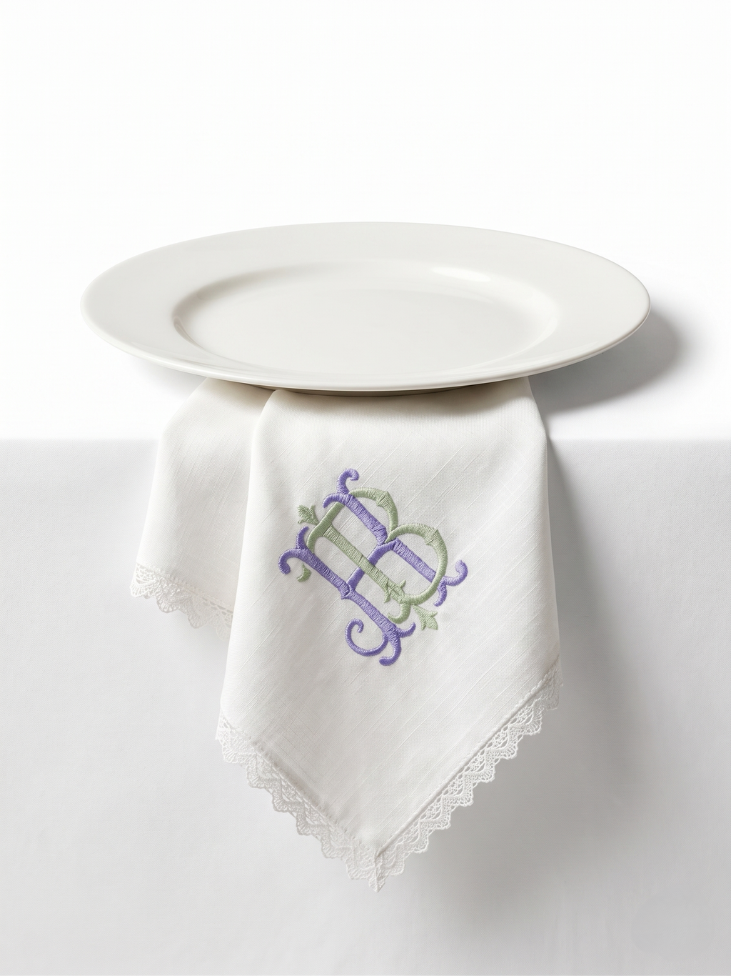 Personalized Embroidered Linen Napkins with Lace Trim – Custom Monogram Wedding & Dinner Napkins