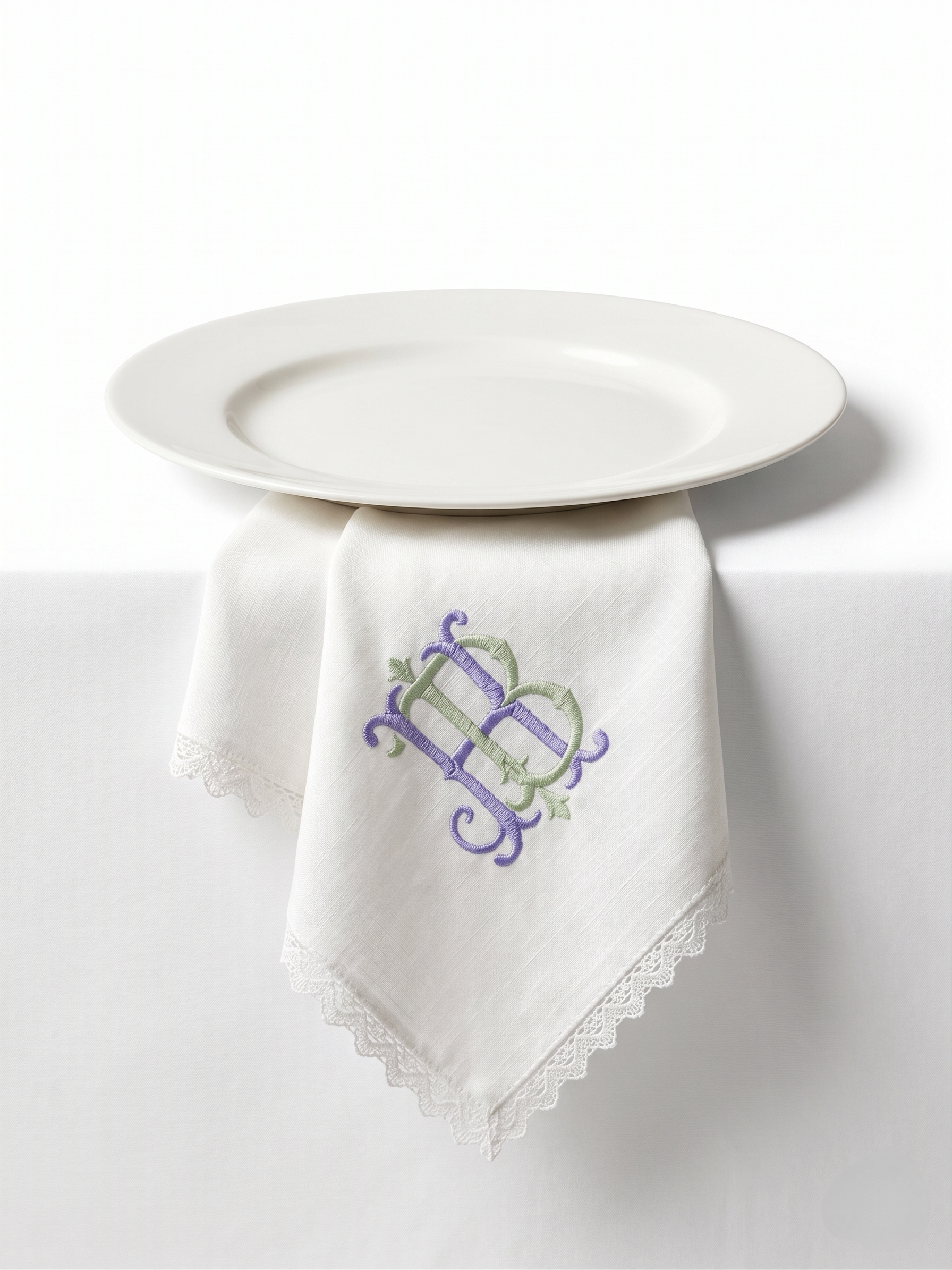 Personalized Embroidered Linen Napkins with Lace Trim – Custom Monogram Wedding & Dinner Napkins