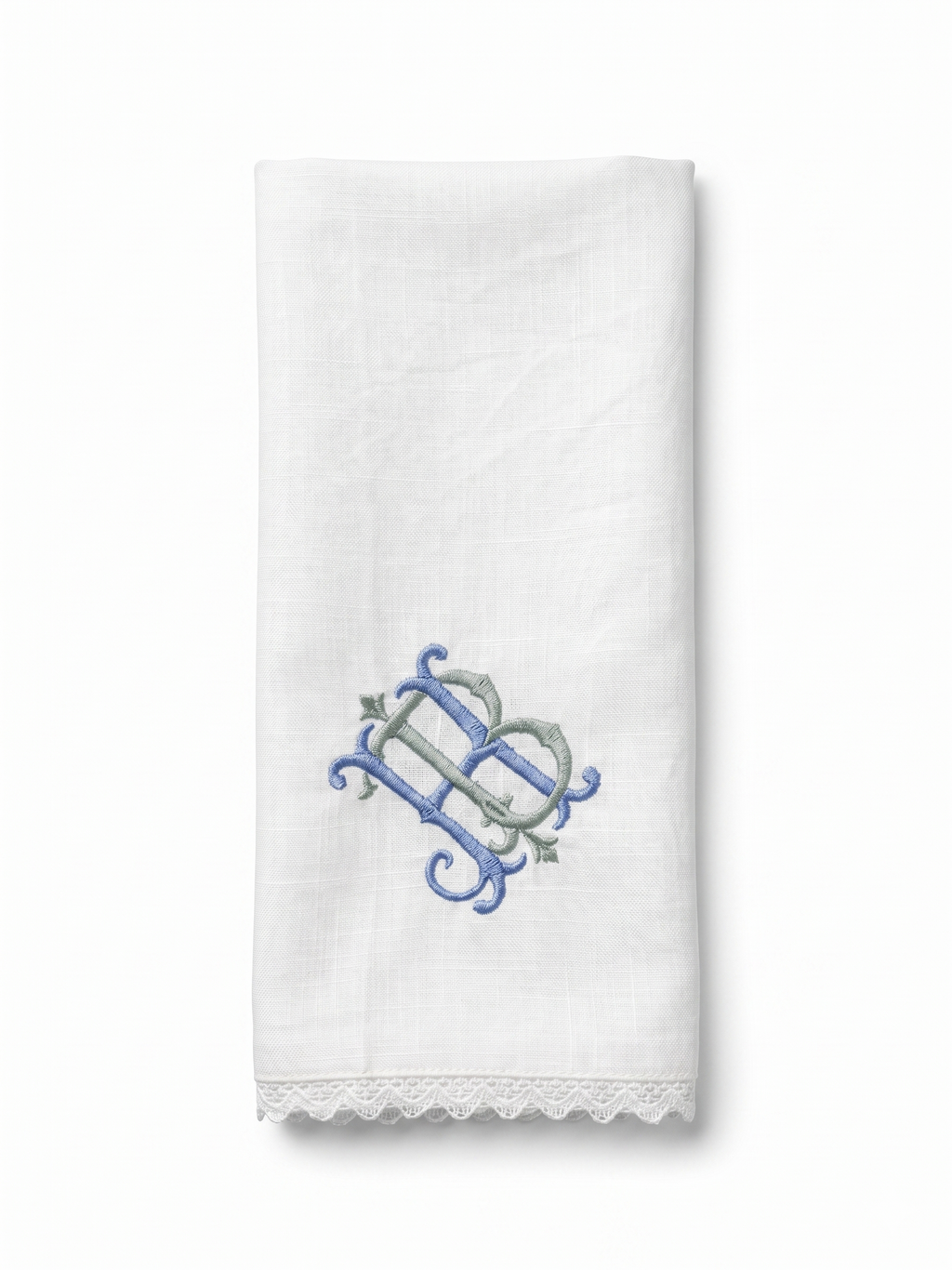 Personalized Embroidered Linen Napkins with Lace Trim – Custom Monogram Wedding & Dinner Napkins