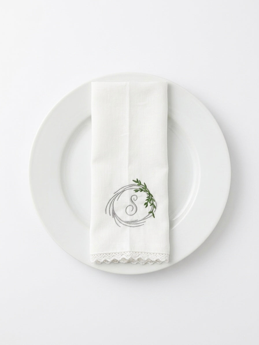 Personalized Embroidered Linen Napkins with Lace Trim – Custom Monogram Wedding & Dinner Napkins