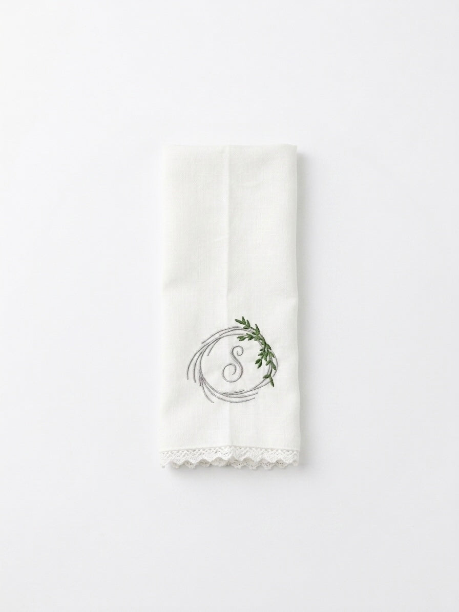 Personalized Embroidered Linen Napkins with Lace Trim – Custom Monogram Wedding & Dinner Napkins