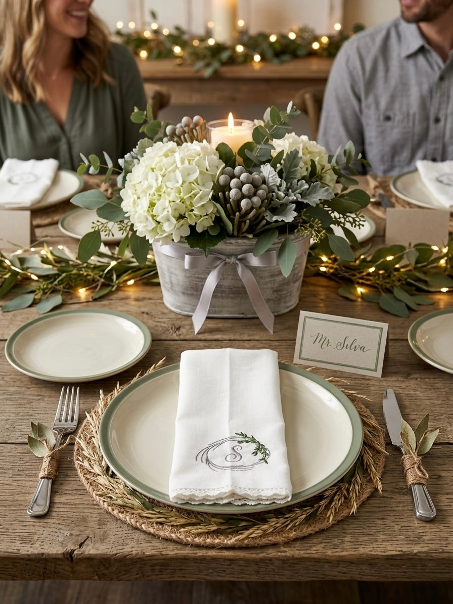 Personalized Embroidered Linen Napkins with Lace Trim – Custom Monogram Wedding & Dinner Napkins