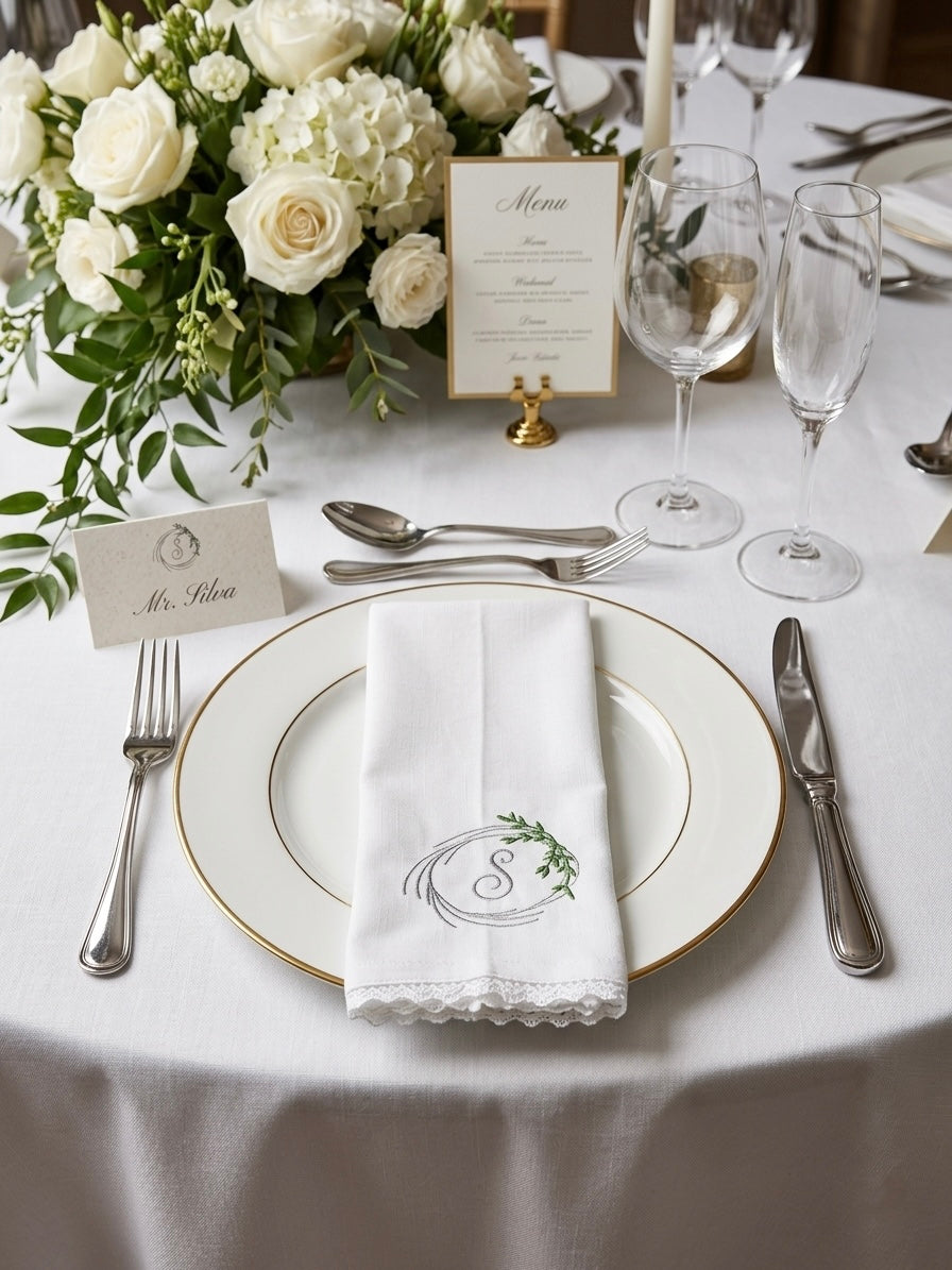 Personalized Embroidered Linen Napkins with Lace Trim – Custom Monogram Wedding & Dinner Napkins