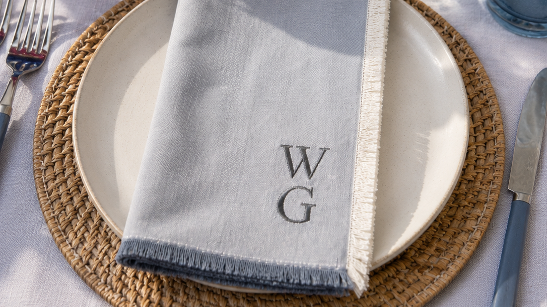 Elegant Monogrammed Linen Napkins | Custom Embroidered 18x18 Napkins