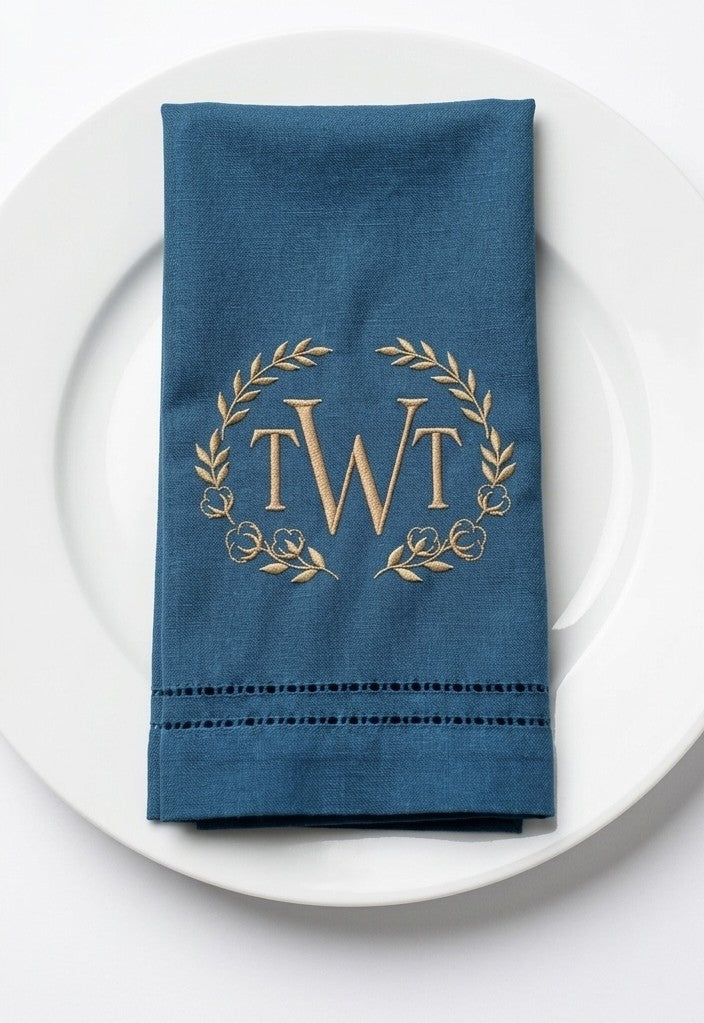 Country Style Monogrammed Linen Napkins | Custom Embroidered 18x18 Napkins