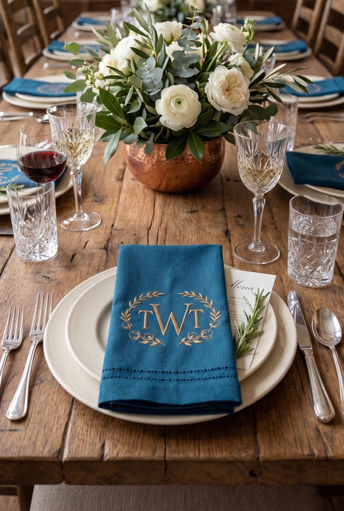 Country Style Monogrammed Linen Napkins | Custom Embroidered 18x18 Napkins