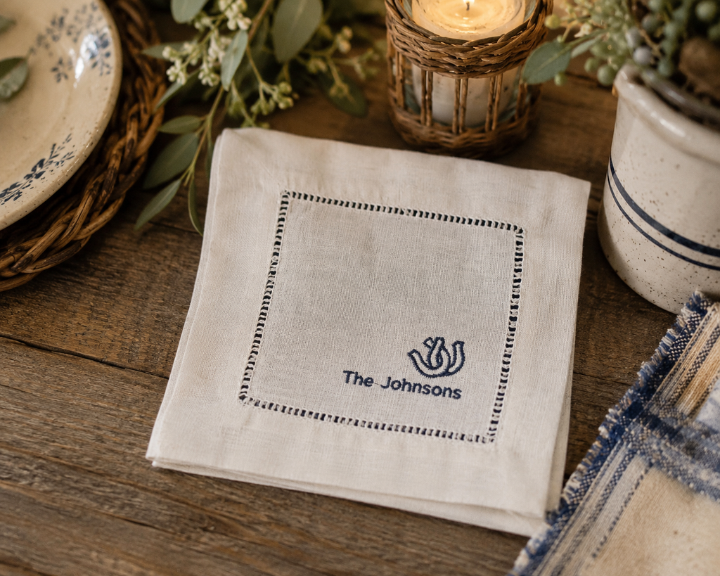 Personalized Linen Cocktail Napkins | Country Rustic Embroidered Napkins | Custom Family Name Cocktail Napkins | Hostess Gift