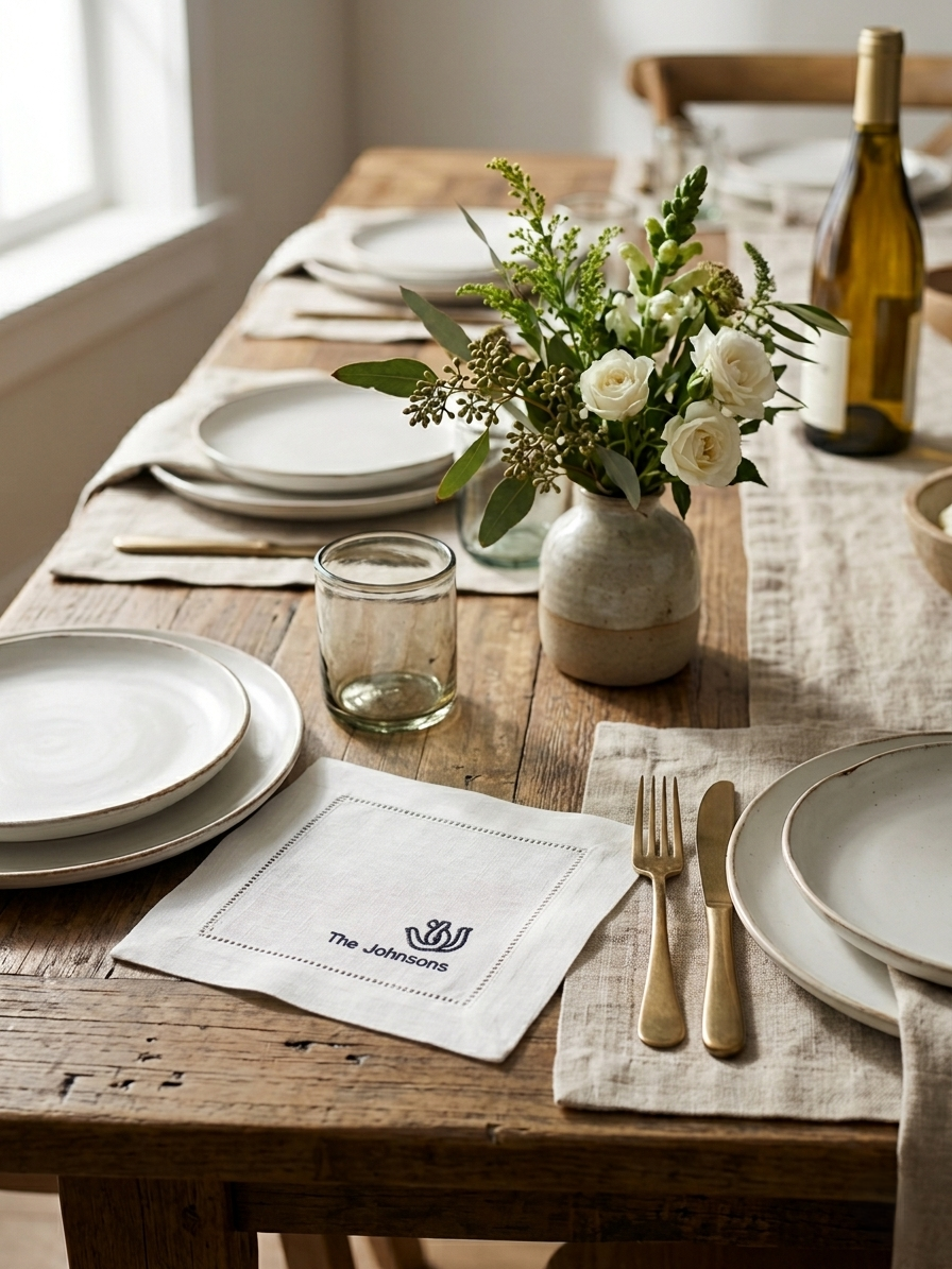 Personalized Linen Cocktail Napkins | Country Rustic Embroidered Napkins | Custom Family Name Cocktail Napkins | Hostess Gift
