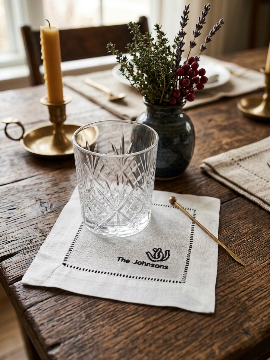 Personalized Linen Cocktail Napkins | Country Rustic Embroidered Napkins | Custom Family Name Cocktail Napkins | Hostess Gift