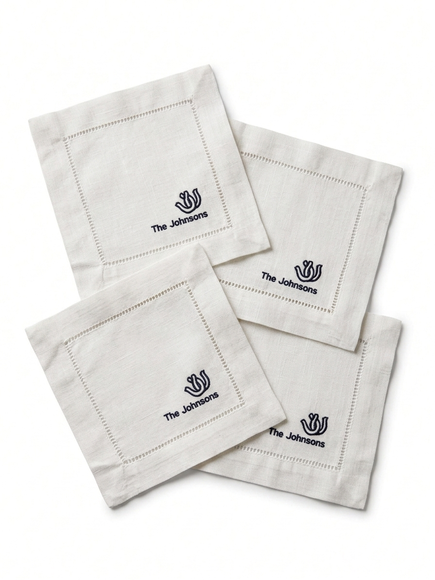 Personalized Linen Cocktail Napkins | Country Rustic Embroidered Napkins | Custom Family Name Cocktail Napkins | Hostess Gift