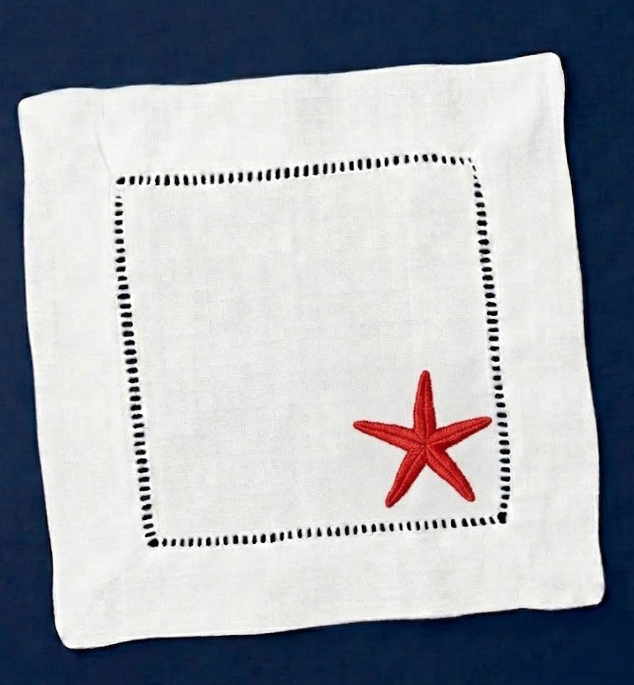 White Linen Cocktail Napkins – Coastal Nautical Collection | Set of 4 Designs