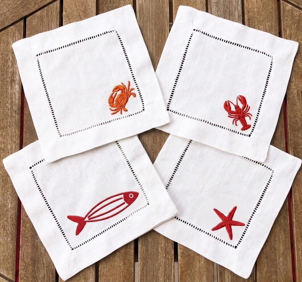 White Linen Cocktail Napkins – Coastal Nautical Collection | Set of 4 Designs