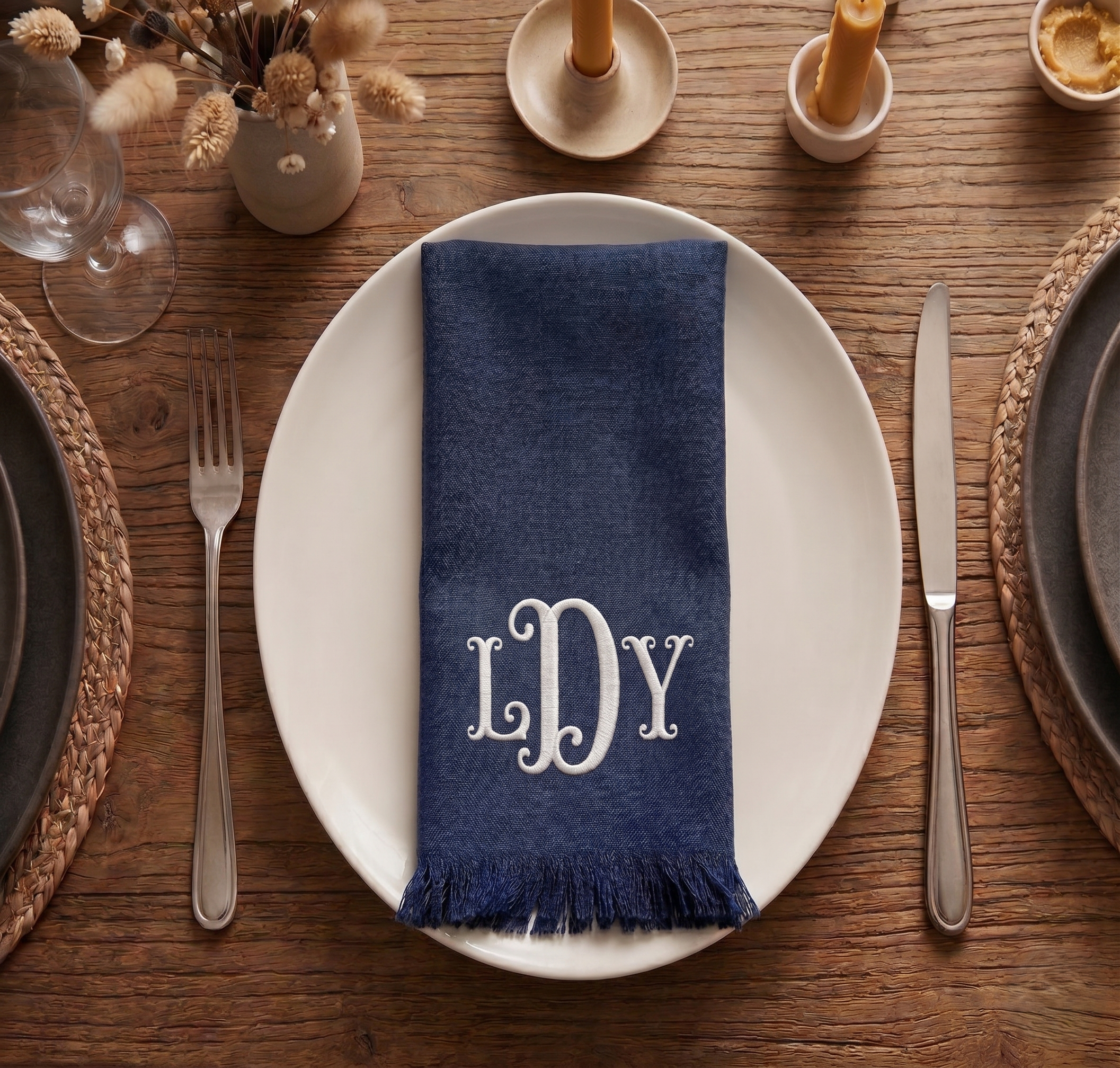 Monogram Fringe Linen Napkins (Navy Blue) | Set of 6