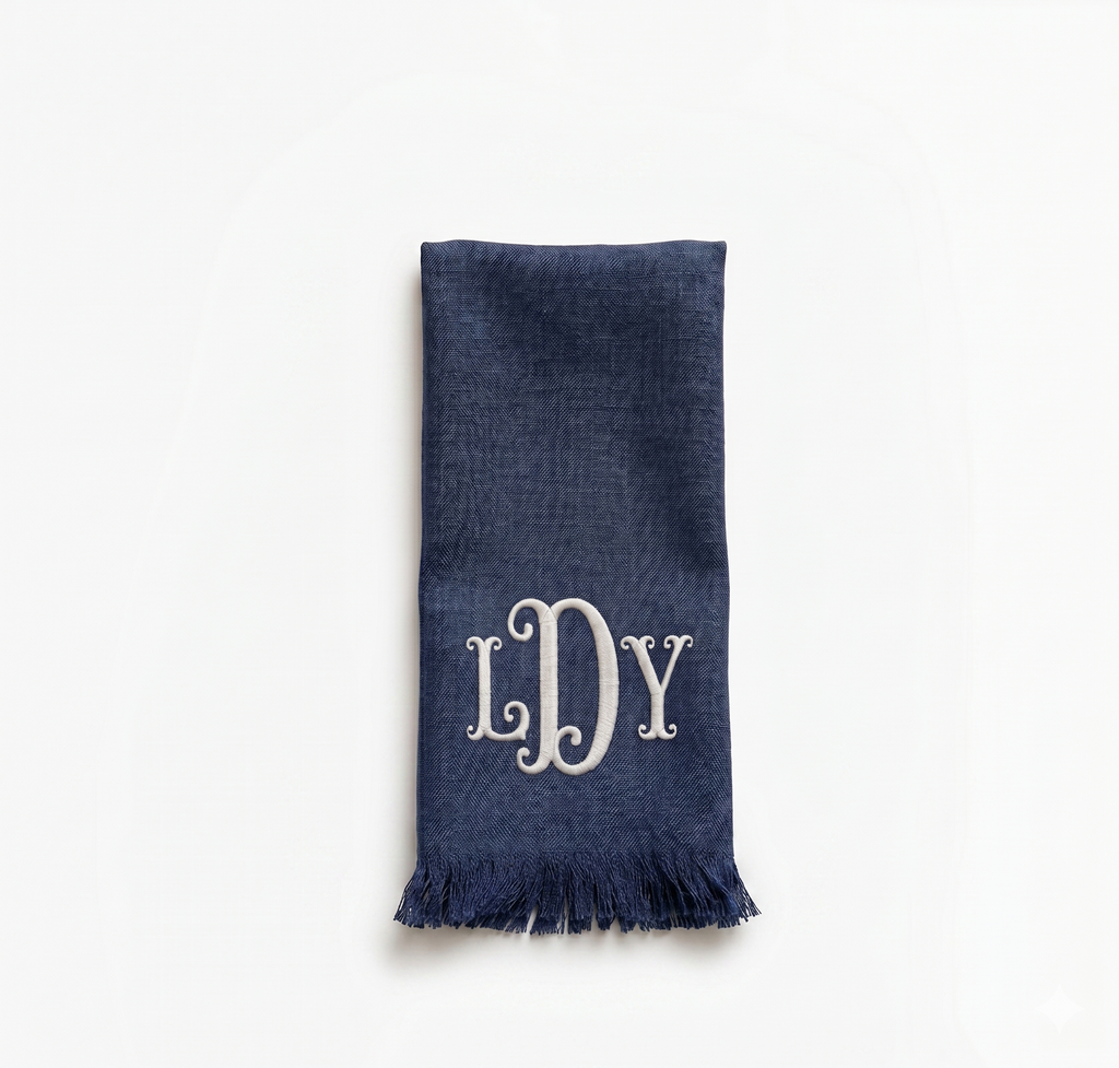 Monogram Fringe Linen Napkins (Navy Blue) | Set of 6