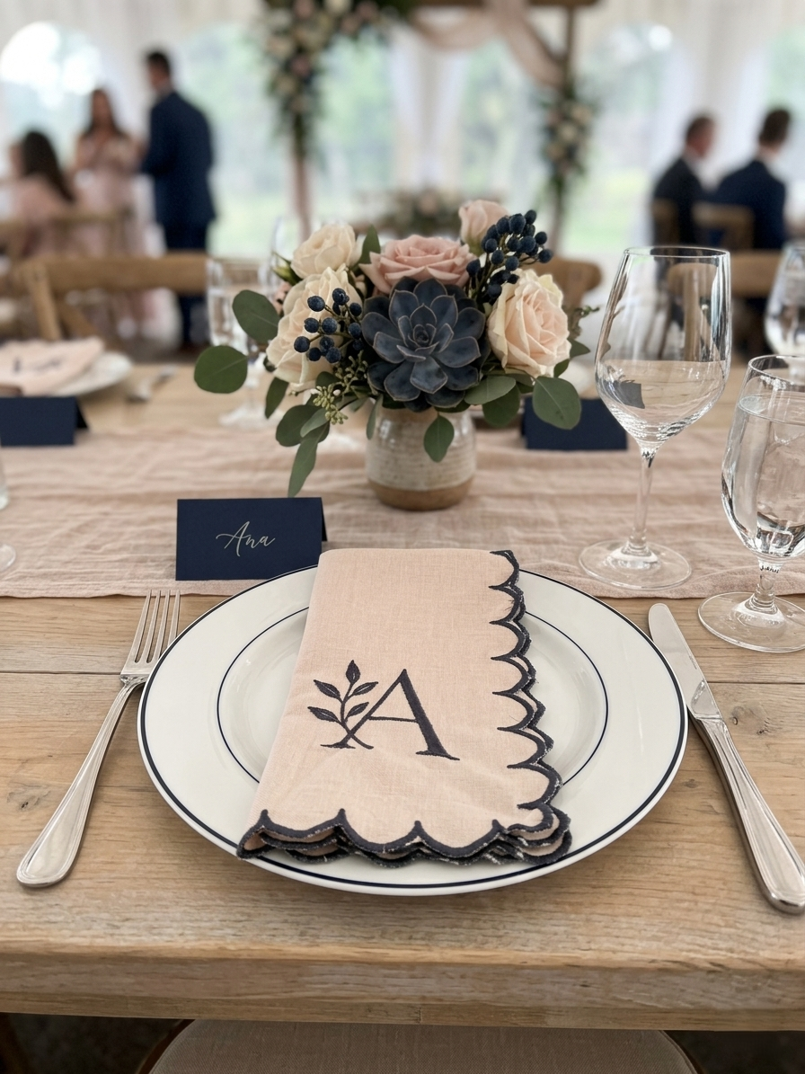 Pink Linen Napkins with Navy Blue Contrast Border (18" x 18") - Custom Monogrammed