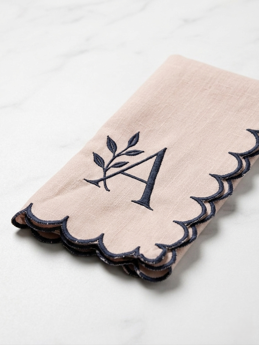 Pink Linen Napkins with Navy Blue Contrast Border (18" x 18") - Custom Monogrammed