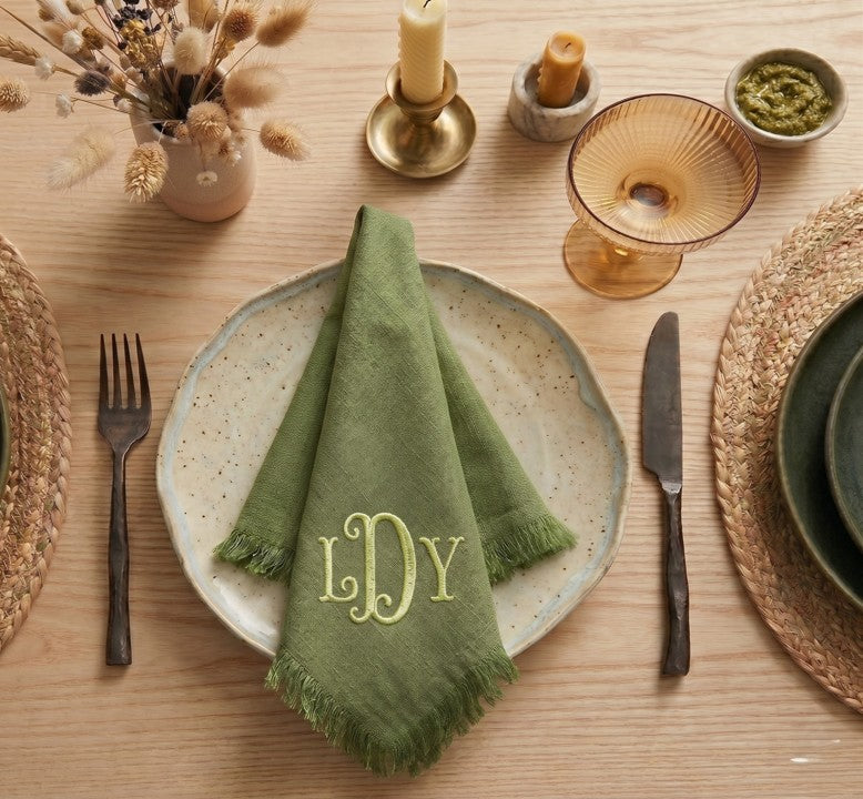 Monogram Fringe Linen Napkins (Green) | Set of 6