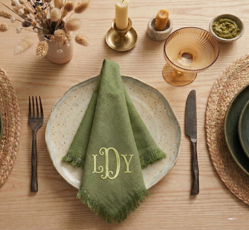 Monogram Fringe Linen Napkins (Green) | Set of 6