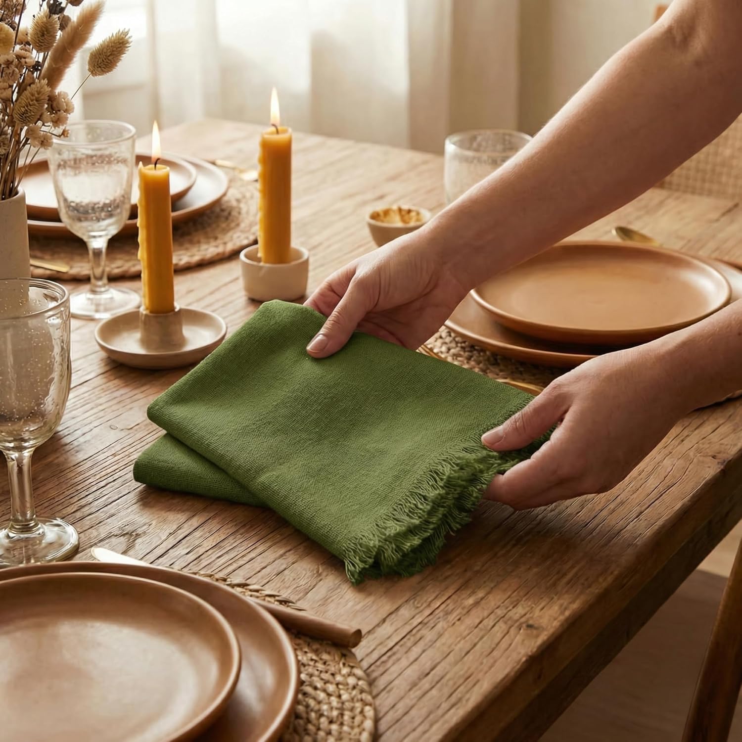 Monogram Fringe Linen Napkins (Green) | Set of 6