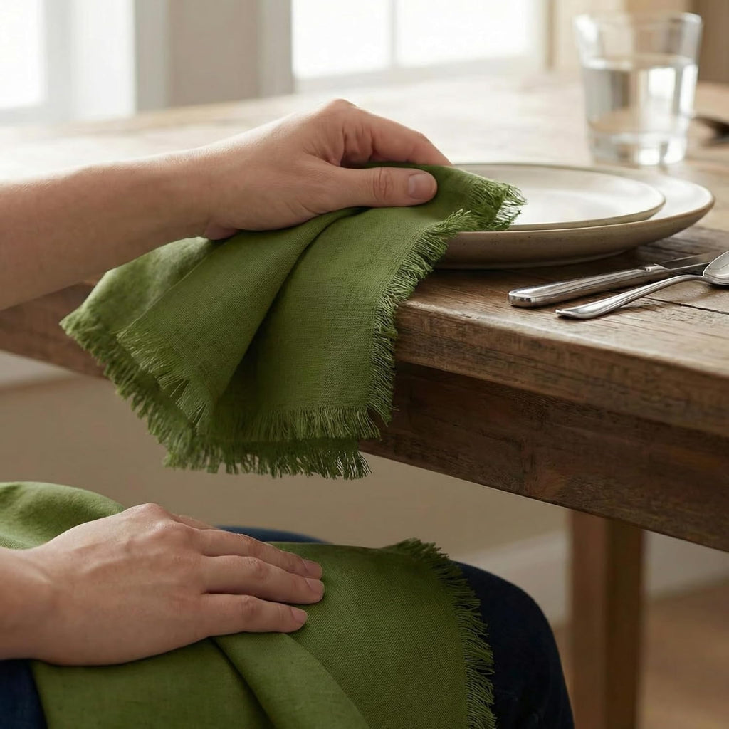 Monogram Fringe Linen Napkins (Green) | Set of 6