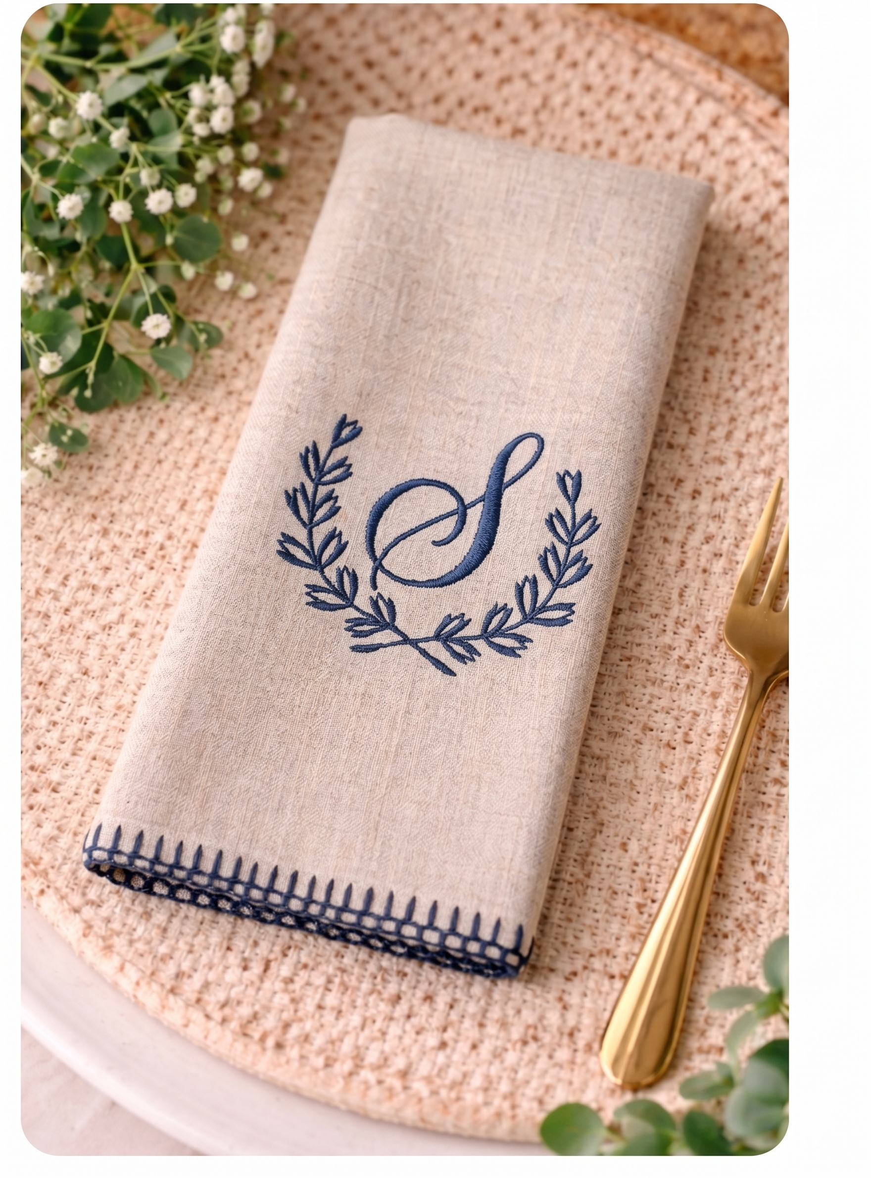Set of 6 Custom Monogrammed Linen Napkins | Elegant Wedding Table Linens Navy Blue