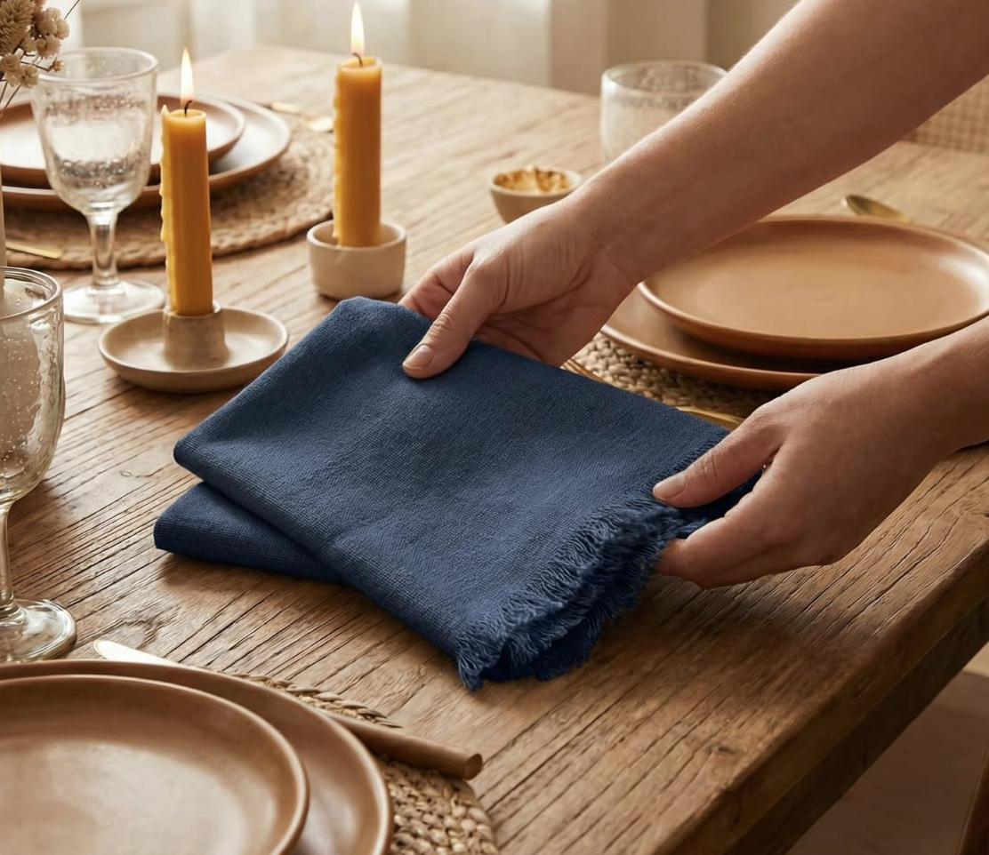 Monogram Fringe Linen Napkins (Navy Blue) | Set of 6
