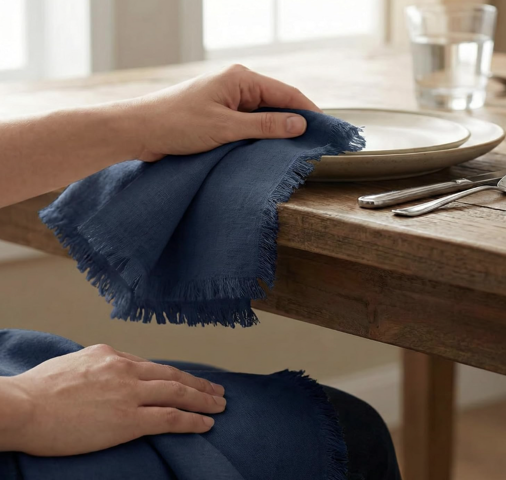 Monogram Fringe Linen Napkins (Navy Blue) | Set of 6
