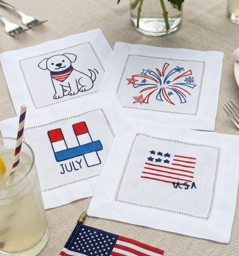 White Linen Cocktail Napkins – Patriotic Fourth of July Collection | Set of 4 Designs